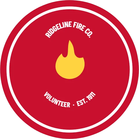 Sticker template, fire company, reading "RIDGELINE FIRE CO." and "VOLUNTEER · EST. 1911", in white and red