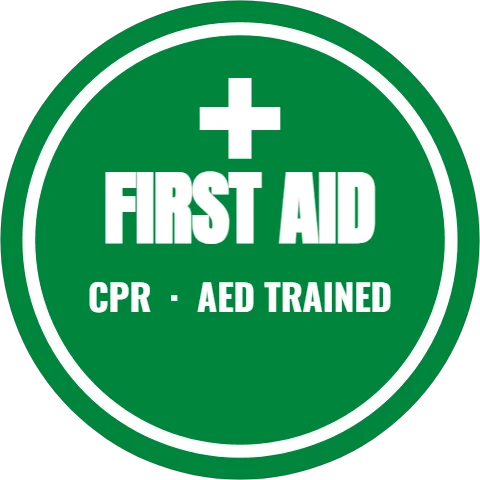 Sticker template, first aid and CPR trained, reading "FIRST AID" and "CPR · AED TRAINED", in white and green
