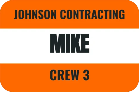 Sticker template, high-visibility stripe, reading "JOHNSON CONTRACTING", "MIKE" and "CREW 3", in white and orange