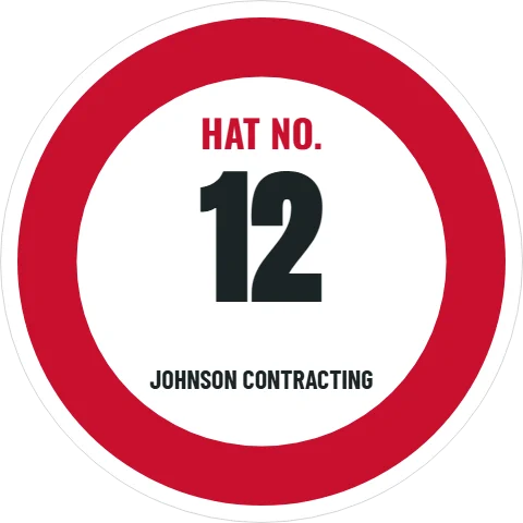 Sticker template, hat number, red ring, reading "HAT NO.", "12" and "JOHNSON CONTRACTING", in red and white