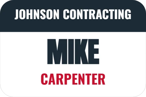Sticker template, name and trade, reading "JOHNSON CONTRACTING", "MIKE" and "CARPENTER", in navy and white