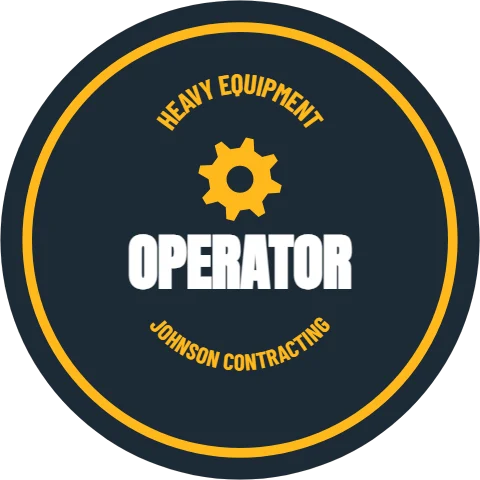 Sticker template, equipment operator badge, reading "HEAVY EQUIPMENT", "OPERATOR" and "JOHNSON CONTRACTING", in gold and navy