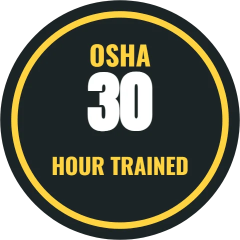 Sticker template, OSHA 30 trained, reading "OSHA", "30" and "HOUR TRAINED", in yellow and charcoal