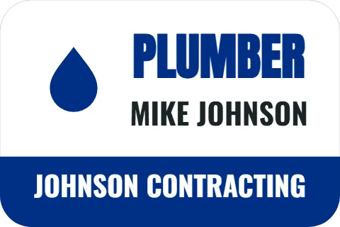 Sticker template, plumber, reading "PLUMBER", "MIKE JOHNSON" and "JOHNSON CONTRACTING", in blue and white