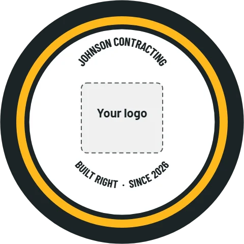 Sticker template, company name ring, reading "JOHNSON CONTRACTING" and "BUILT RIGHT · SINCE 2026", in gold and charcoal, with a space for your logo