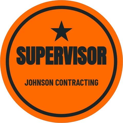 Sticker template, supervisor, reading "SUPERVISOR" and "JOHNSON CONTRACTING", in charcoal and orange