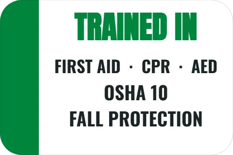 Sticker template, trained in, reading "TRAINED IN", "OSHA 10" and "FALL PROTECTION", in green and white