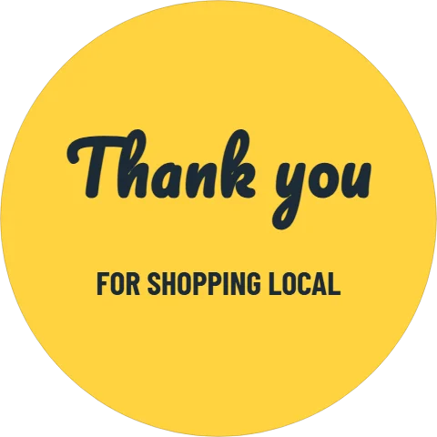 Sticker template, thank you, reading "Thank you" and "FOR SHOPPING LOCAL", in yellow