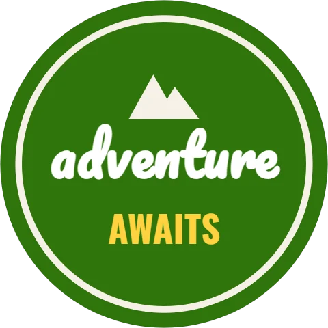 Sticker template, adventure awaits, reading "adventure" and "AWAITS", in cream and green