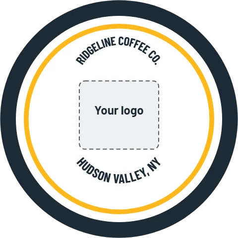 Sticker template, logo badge, curved name, reading "RIDGELINE COFFEE CO." and "HUDSON VALLEY, NY", in white and navy, with a space for your logo