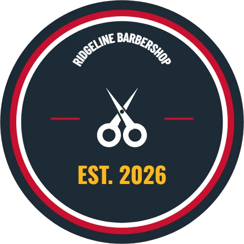 Sticker template, barbershop badge, reading "RIDGELINE BARBERSHOP" and "EST. 2026", in red and navy