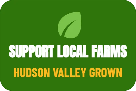 Sticker template, bumper sticker, reading "SUPPORT LOCAL FARMS" and "HUDSON VALLEY GROWN", in green