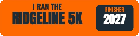 Sticker template, i ran the 5K, reading "I RAN THE", "RIDGELINE 5K" and "2027", in navy and orange