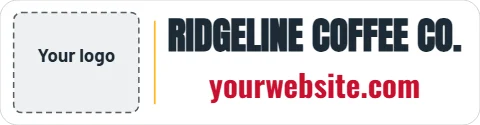 Sticker template, your brand, bumper size, reading "RIDGELINE COFFEE CO." and "yourwebsite.com", in white, with a space for your logo