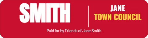 Sticker template, candidate, last name big, reading "JANE", "SMITH" and "TOWN COUNCIL", in red