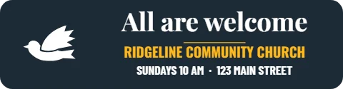 Sticker template, church, all are welcome, reading "All are welcome", "RIDGELINE COMMUNITY CHURCH" and "SUNDAYS 10 AM · 123 MAIN STREET", in navy