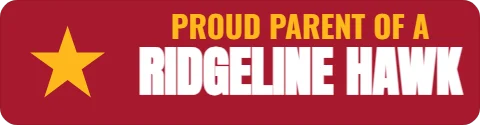 Sticker template, proud parent, reading "PROUD PARENT OF A" and "RIDGELINE HAWK", in maroon