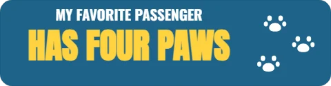 Sticker template, my favorite passenger has four paws, reading "MY FAVORITE PASSENGER" and "HAS FOUR PAWS", in steel blue