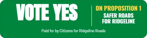 Sticker template, vote yes on a proposition, reading "VOTE YES", "SAFER ROADS" and "FOR RIDGELINE", in green