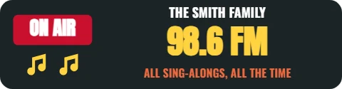 Sticker template, family radio station, reading "THE SMITH FAMILY", "ON AIR" and "98.6 FM", in charcoal