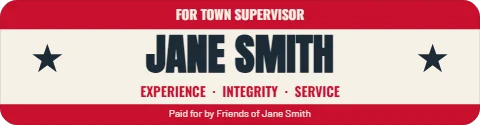 Sticker template, campaign, vintage stripes, reading "FOR TOWN SUPERVISOR", "JANE SMITH" and "EXPERIENCE · INTEGRITY · SERVICE", in red and cream