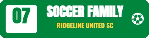 Sticker template, soccer family, jersey number, reading "SOCCER FAMILY", "07" and "RIDGELINE UNITED SC", in white and green