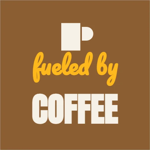 Sticker template, fueled by coffee, reading "fueled by" and "COFFEE", in brown