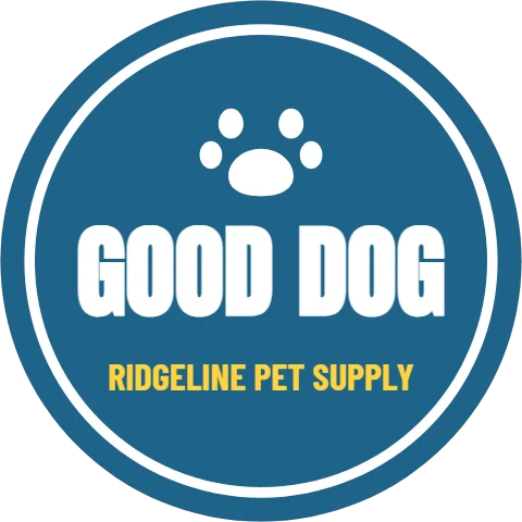 Sticker template, good dog, reading "GOOD DOG" and "RIDGELINE PET SUPPLY", in white and steel blue