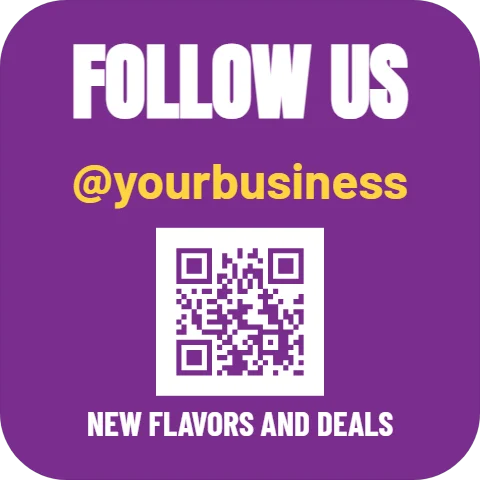 Sticker template, follow us, reading "FOLLOW US", "@yourbusiness" and "NEW FLAVORS AND DEALS", in purple, with a QR code