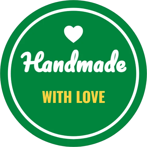 Sticker template, handmade with love, reading "Handmade" and "WITH LOVE", in white and green