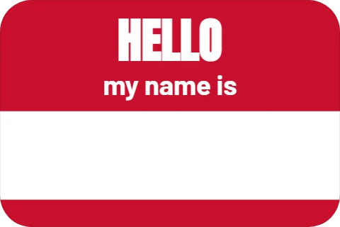 Sticker template, hello, my name is, reading "HELLO" and "my name is", in white and red