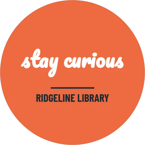 Sticker template, script on color, reading "stay curious" and "RIDGELINE LIBRARY", in coral