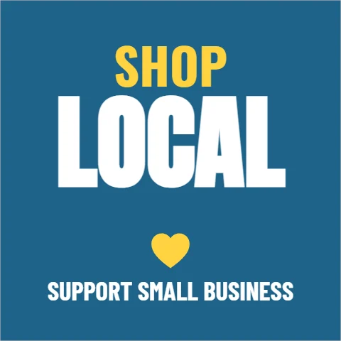Sticker template, shop local, reading "SHOP", "LOCAL" and "SUPPORT SMALL BUSINESS", in steel blue