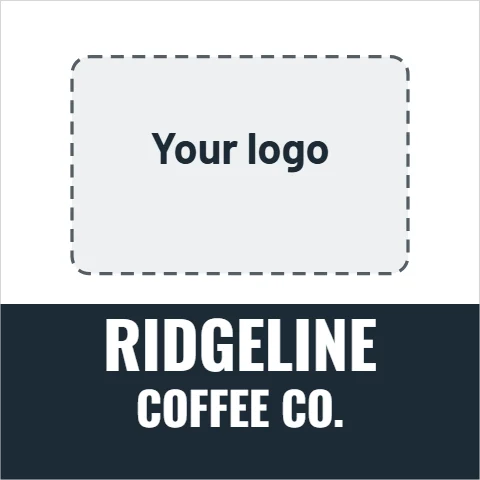 Sticker template, logo over a name bar, reading "RIDGELINE" and "COFFEE CO.", in navy and white, with a space for your logo