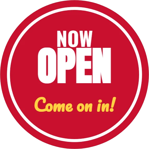 Sticker template, now open, round decal, reading "NOW", "OPEN" and "Come on in!", in white and red