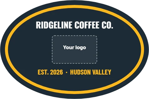 Sticker template, oval logo badge, reading "RIDGELINE COFFEE CO." and "EST. 2026 · HUDSON VALLEY", in gold and navy, with a space for your logo