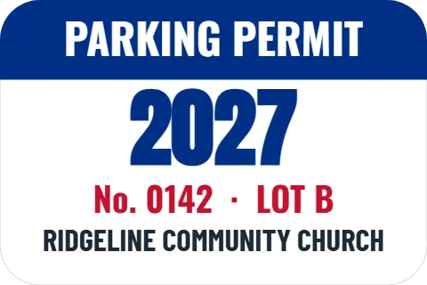 Sticker template, parking permit, reading "PARKING PERMIT", "2027" and "No. 0142 · LOT B", in blue and white