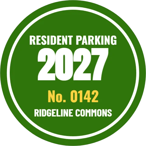 Sticker template, resident parking, round, reading "RESIDENT PARKING", "2027" and "No. 0142", in white and green