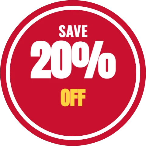 Sticker template, percent off, reading "SAVE", "20%" and "OFF", in white and red