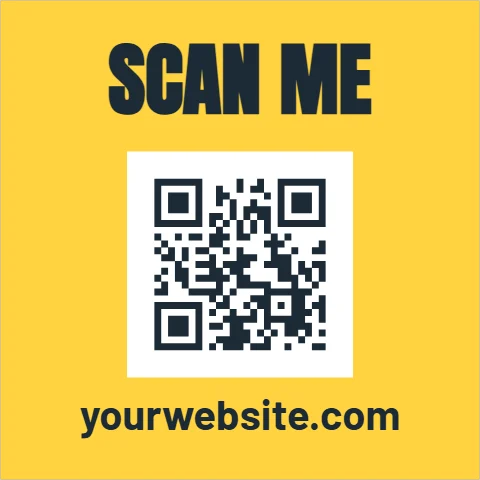 Sticker template, scan me, reading "SCAN ME" and "yourwebsite.com", in yellow, with a QR code