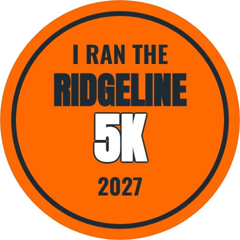 Sticker template, i ran the race, reading "RIDGELINE", "5K" and "2027", in navy and orange