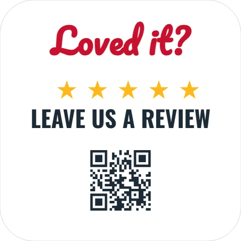 Sticker template, leave us a review, reading "Loved it?" and "LEAVE US A REVIEW", in white, with a QR code