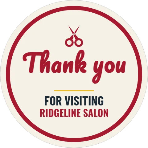 Sticker template, salon thank you seal, reading "Thank you", "FOR VISITING" and "RIDGELINE SALON", in maroon and cream