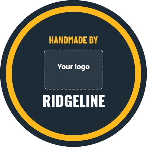Sticker template, round seal with logo, reading "HANDMADE BY" and "RIDGELINE", in gold and navy, with a space for your logo