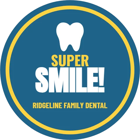 Sticker template, super smile, reading "SUPER", "SMILE!" and "RIDGELINE FAMILY DENTAL", in yellow and steel blue