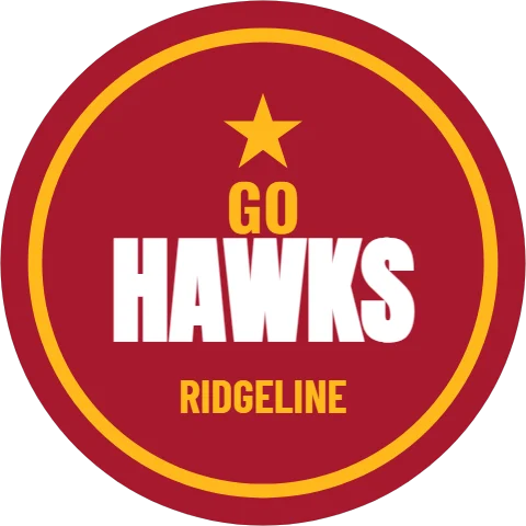 Sticker template, go team, round, reading "GO", "HAWKS" and "RIDGELINE", in gold and maroon