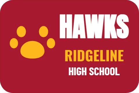 Sticker template, team name and paw, reading "HAWKS", "RIDGELINE" and "HIGH SCHOOL", in maroon