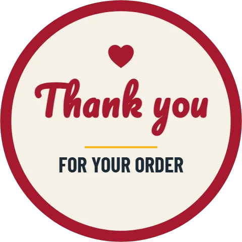 Sticker template, thank you for your order, reading "Thank you" and "FOR YOUR ORDER", in cream and maroon
