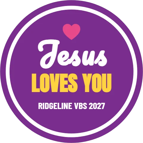 Sticker template, jesus loves you, reading "Jesus", "LOVES YOU" and "RIDGELINE VBS 2027", in white and purple