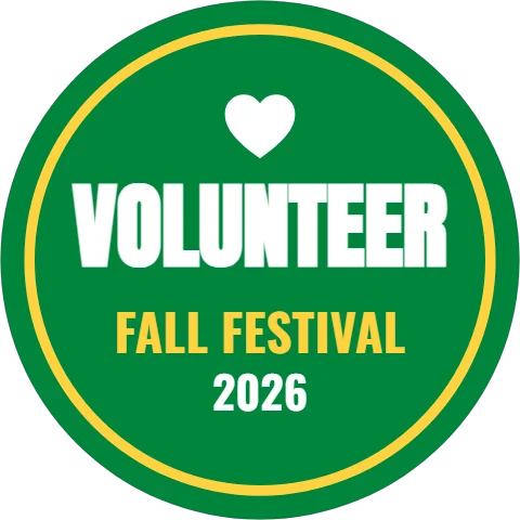 Sticker template, volunteer, reading "VOLUNTEER", "FALL FESTIVAL" and "2026", in yellow and green